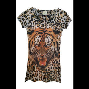 CYN Cynthia Mehra Ladies Tiger Stretch Long Animal Print Shirt Front Back L/XL